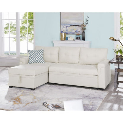 Canapé d'angle convertible et réversible avec lit escamotable, chaise longue avec rangement intégré et pieds robustes.