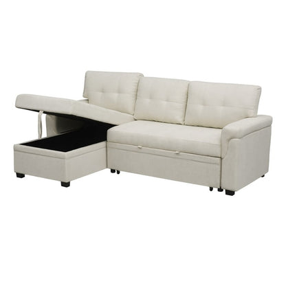 Canapé d'angle convertible et réversible avec lit escamotable, chaise longue avec rangement intégré et pieds robustes.