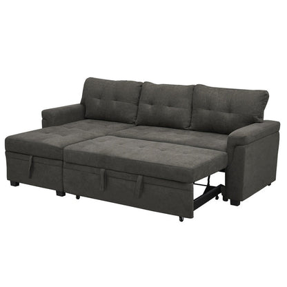 Canapé d'angle convertible et réversible avec lit escamotable, chaise longue avec rangement intégré et pieds robustes.