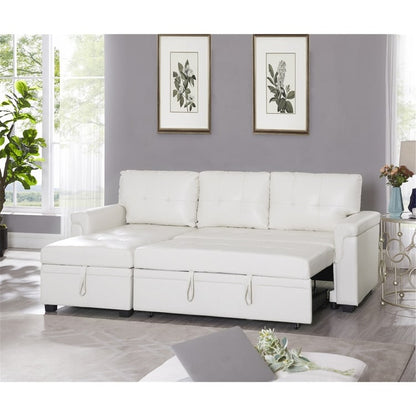 Canapé d'angle convertible et réversible avec lit escamotable, chaise longue avec rangement intégré et pieds robustes.