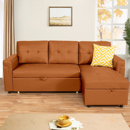 Canapé d'angle convertible et réversible avec lit escamotable, chaise longue avec rangement intégré et pieds robustes.