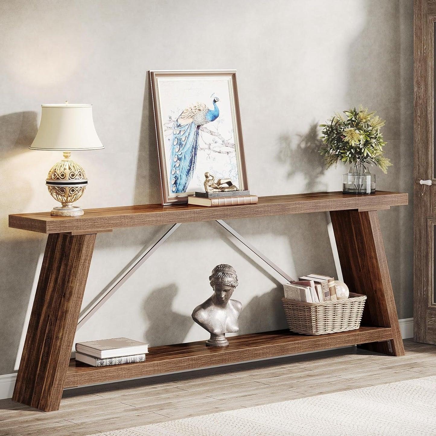 Table console de canapé en bois rustique de 180 cm de long avec étagère de rangement