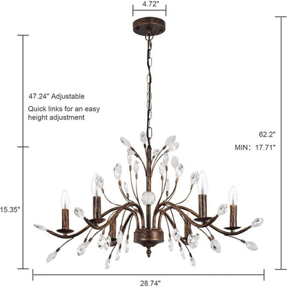 Suspension lumineuse en forme de bougie, style branche d'arbre rétro, avec cristaux, pour maison de campagne
