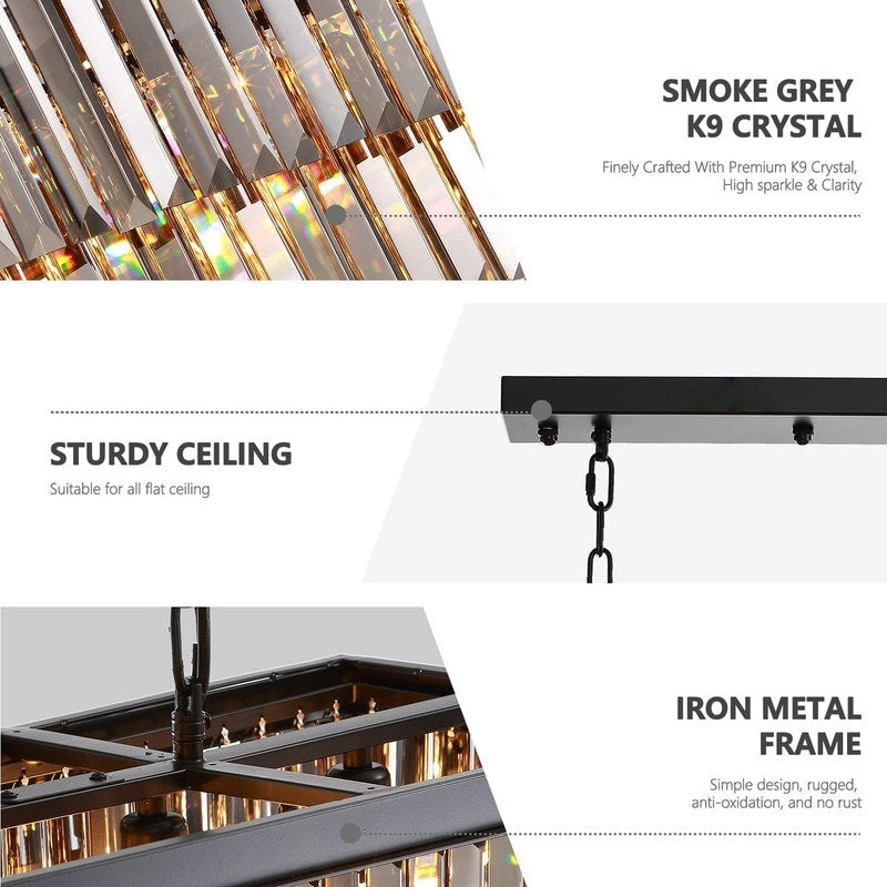 Luminaire suspendu à 2 niveaux pour îlot de cuisine, style moderne et contemporain, avec cristaux, gris fumé et noir, 47 po.