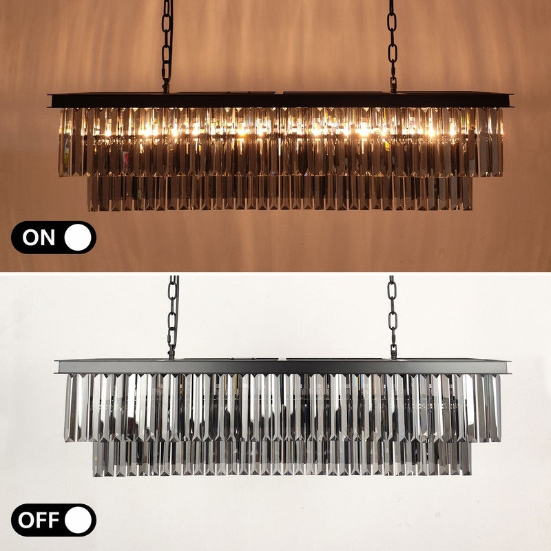 Luminaire suspendu à 2 niveaux pour îlot de cuisine, style moderne et contemporain, avec cristaux, gris fumé et noir, 47 po.