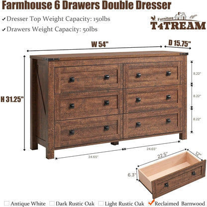 Commode à 6 tiroirs style farmhouse, meuble TV en bois, coffre à tiroirs