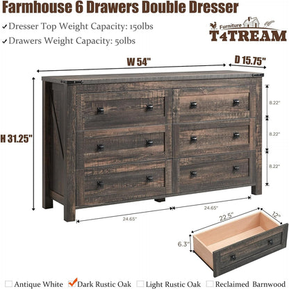 Commode à 6 tiroirs style farmhouse, meuble TV en bois, coffre à tiroirs