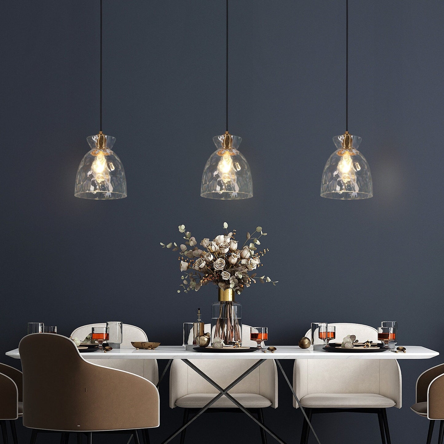 Suspension Elisie, style moderne du milieu du siècle, 1 lumière, verre en cascade, dôme martelé, éclairage pour îlot de cuisine, salle à manger