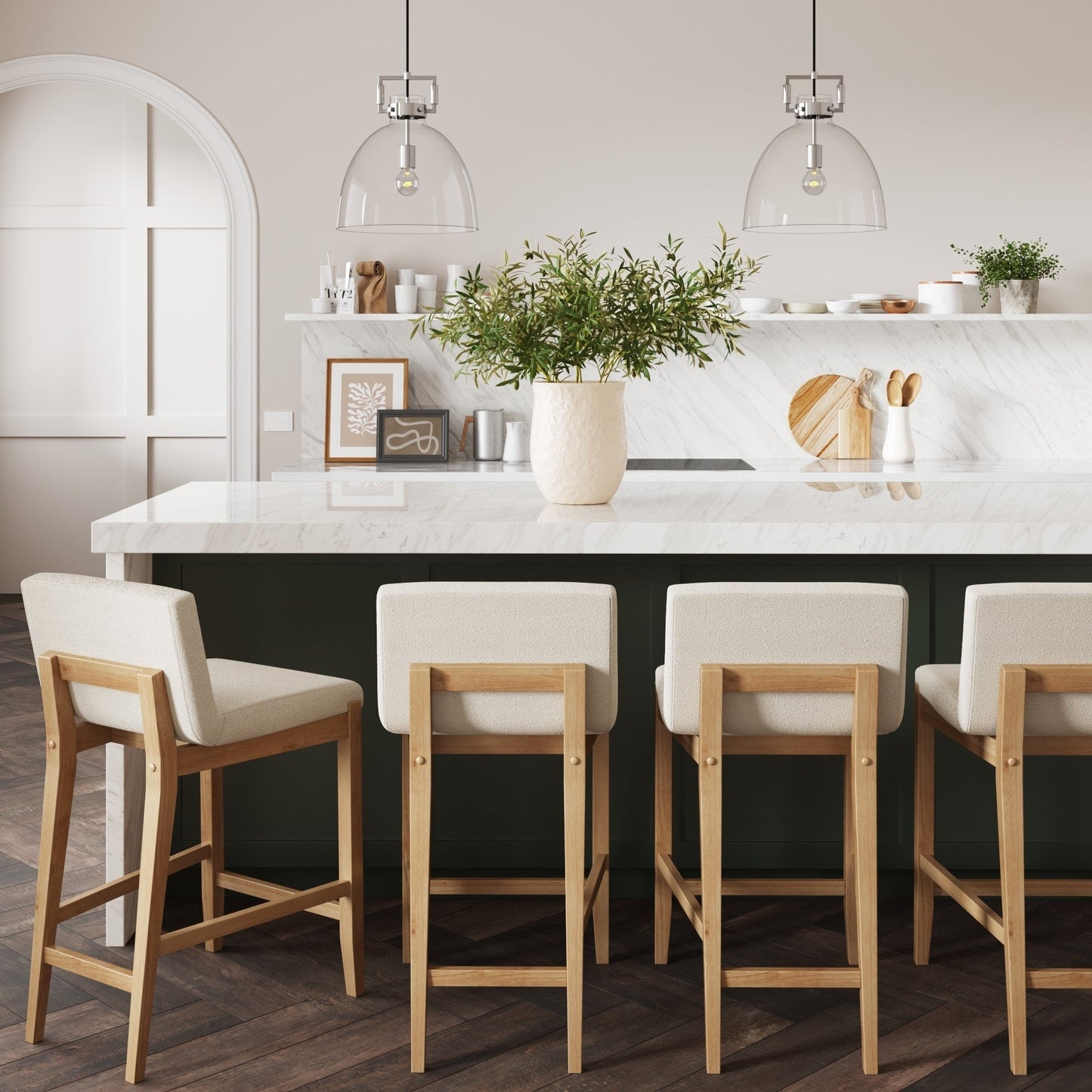 Tabouret de bar moderne Gracie, chaise rembourrée en bouclette et pieds en bois brossé