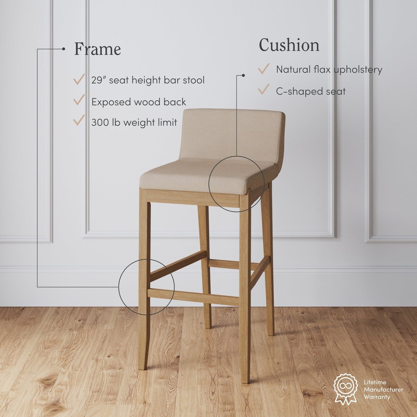 Tabouret de bar moderne Gracie, chaise rembourrée en bouclette et pieds en bois brossé