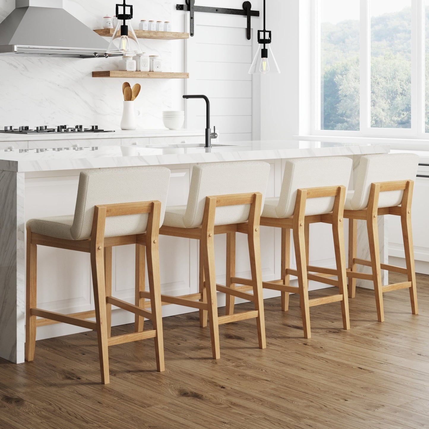 Tabouret de bar moderne Gracie, chaise rembourrée en bouclette et pieds en bois brossé