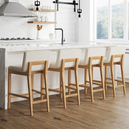 Tabouret de bar moderne Gracie, chaise rembourrée en bouclette et pieds en bois brossé
