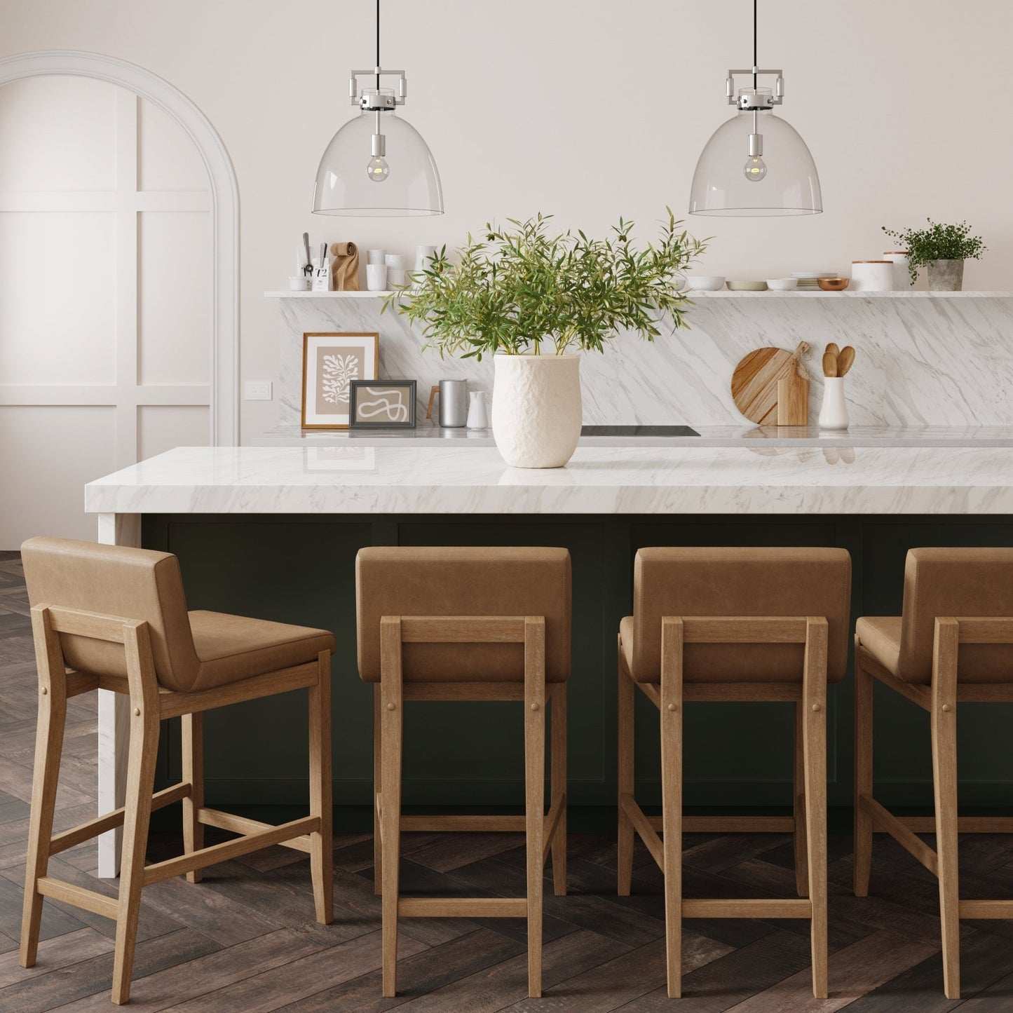 Tabouret de bar moderne Gracie, chaise rembourrée en bouclette et pieds en bois brossé