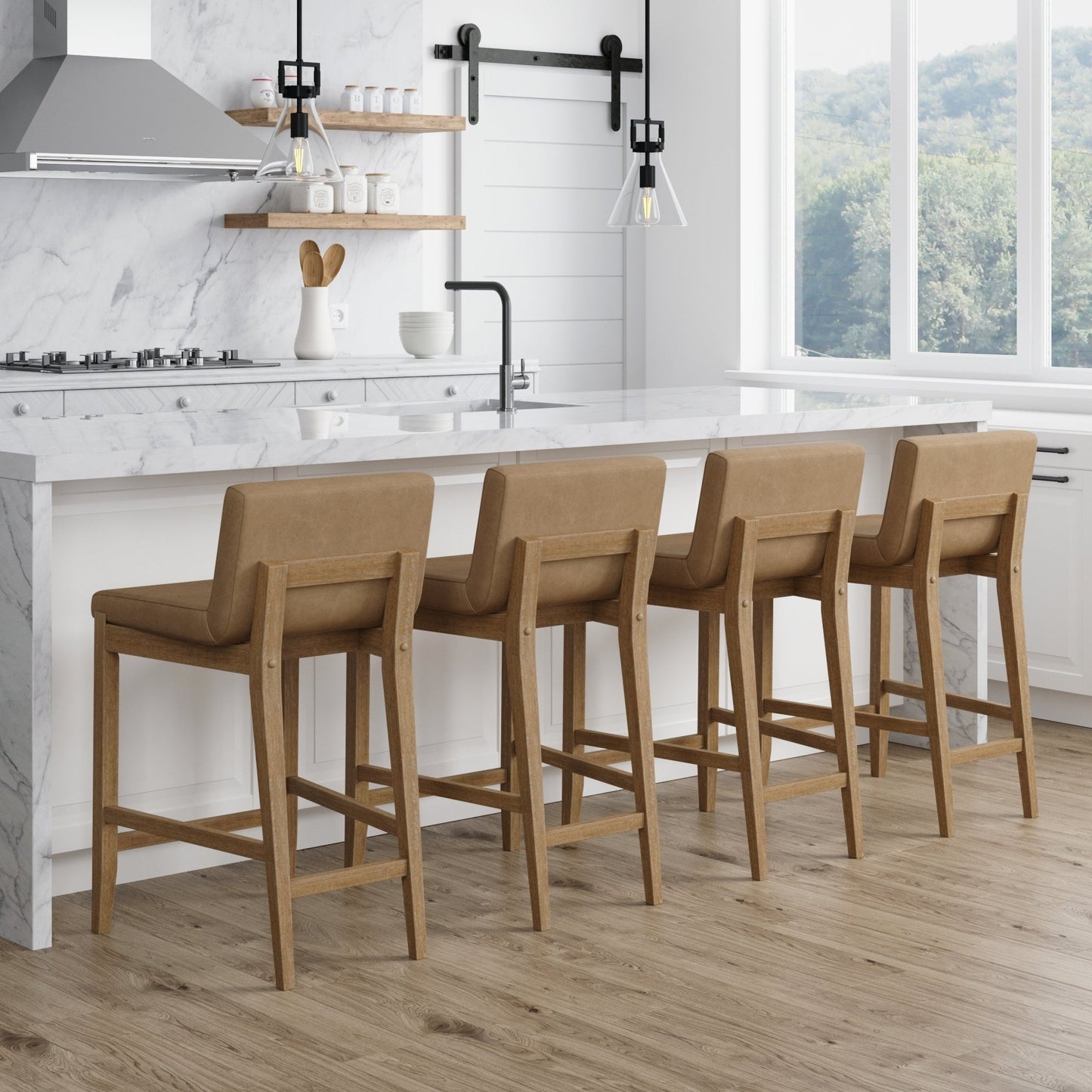 Tabouret de bar moderne Gracie, chaise rembourrée en bouclette et pieds en bois brossé
