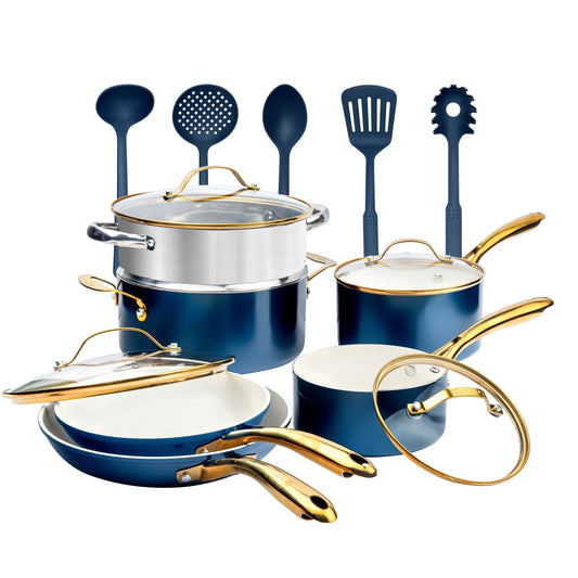 Gotham Steel Natural Collection, ensemble de 15 pièces comprenant casseroles et poêles, revêtement céramique antiadhésif haute performance, couleur marine.