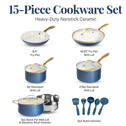 Gotham Steel Natural Collection, ensemble de 15 pièces comprenant casseroles et poêles, revêtement céramique antiadhésif haute performance, couleur marine.