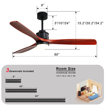 Ventilateur de plafond en bois de noyer 52/60/48 pouces sans bruit avec télécommande, éclairage intégré en option.