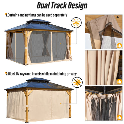 EROMMY Gazebo à toit rigide, Pergola d'extérieur avec double toit, moustiquaire et rideaux, auvent robuste pour patio, jardin, fête à la piscine