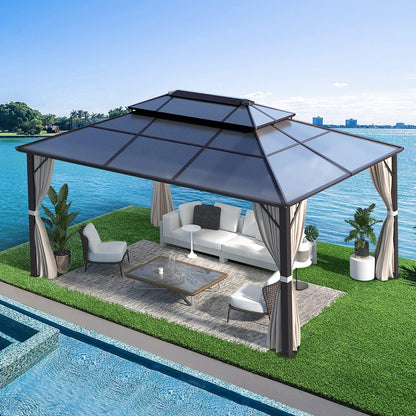 EROMMY Gazebo à toit rigide, Pergola d'extérieur avec double toit, moustiquaire et rideaux, auvent robuste pour patio, jardin, fête à la piscine