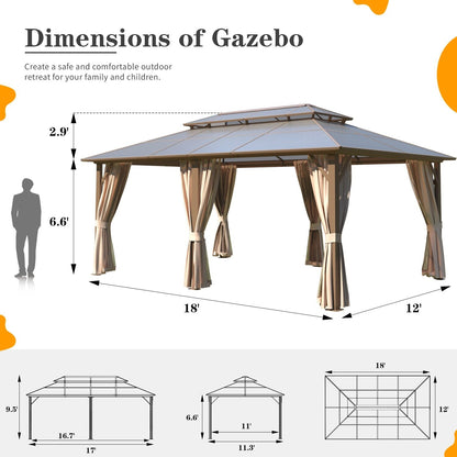 EROMMY Gazebo à toit rigide, Pergola d'extérieur avec double toit, moustiquaire et rideaux, auvent robuste pour patio, jardin, fête à la piscine