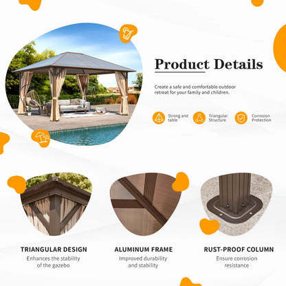 EROMMY Gazebo à toit rigide, Pergola d'extérieur avec double toit, moustiquaire et rideaux, auvent robuste pour patio, jardin, fête à la piscine