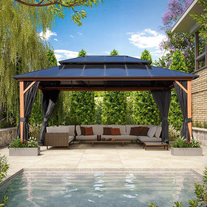EROMMY Gazebo à toit rigide, Pergola d'extérieur avec double toit, moustiquaire et rideaux, auvent robuste pour patio, jardin, fête à la piscine