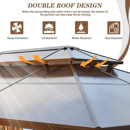 EROMMY Gazebo à toit rigide, Pergola d'extérieur avec double toit, moustiquaire et rideaux, auvent robuste pour patio, jardin, fête à la piscine
