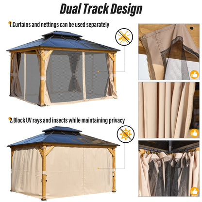 EROMMY Gazebo à toit rigide, Pergola d'extérieur avec double toit, moustiquaire et rideaux, auvent robuste pour patio, jardin, fête à la piscine