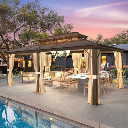 EROMMY Gazebo à toit rigide, Pergola d'extérieur avec double toit, moustiquaire et rideaux, auvent robuste pour patio, jardin, fête à la piscine