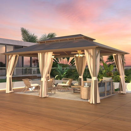 Gazebo à toit rigide pour jardin – Pergola permanente avec moustiquaire, rideaux et toit double, abri extérieur toutes saisons