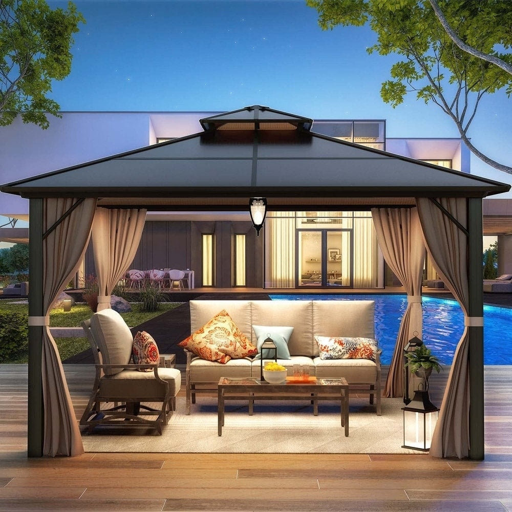 Gazebo à toit rigide pour jardin – Pergola permanente avec moustiquaire, rideaux et toit double, abri extérieur toutes saisons