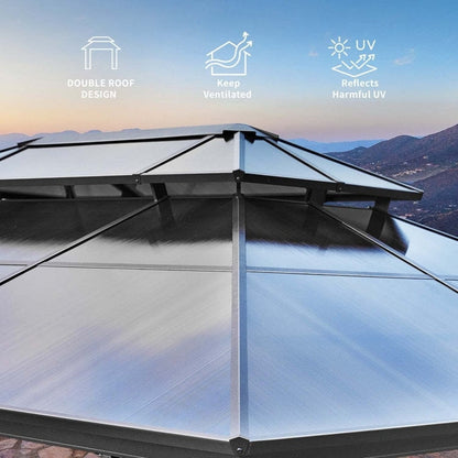 Gazebo à toit rigide pour jardin – Pergola permanente avec moustiquaire, rideaux et toit double, abri extérieur toutes saisons