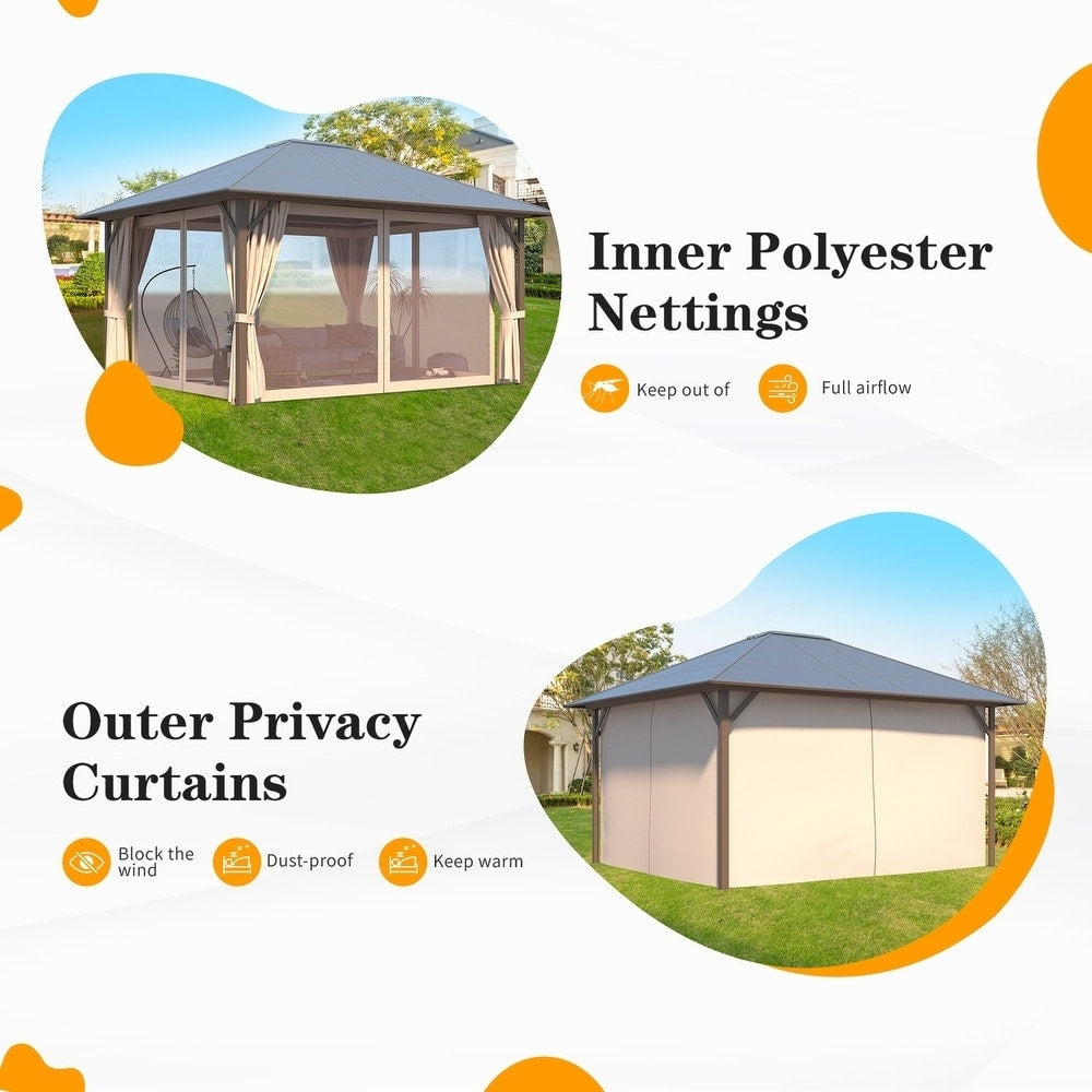 Gazebo à toit rigide pour jardin – Pergola permanente avec moustiquaire, rideaux et toit double, abri extérieur toutes saisons