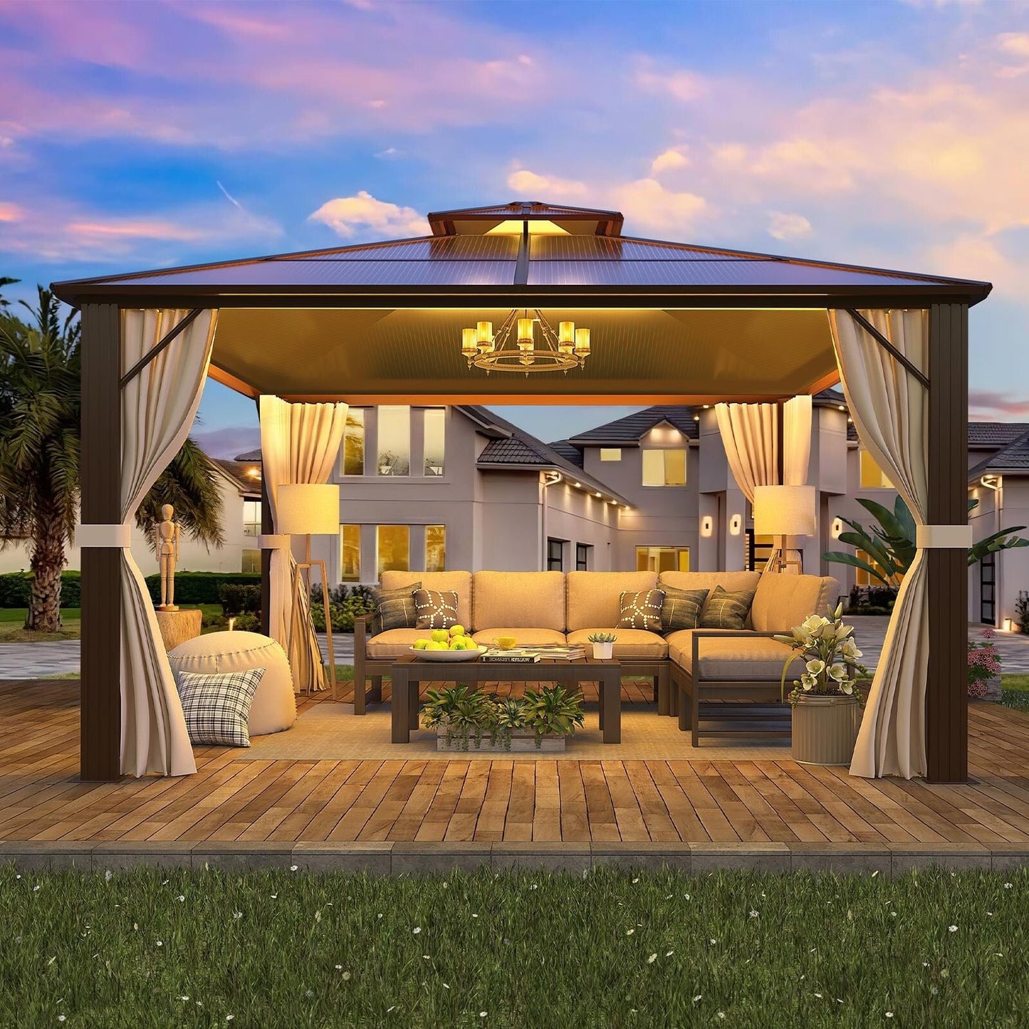Gazebo à toit rigide pour jardin – Pergola permanente avec moustiquaire, rideaux et toit double, abri extérieur toutes saisons