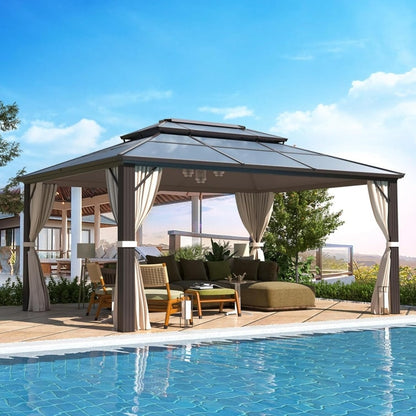 Gazebo à toit rigide pour jardin – Pergola permanente avec moustiquaire, rideaux et toit double, abri extérieur toutes saisons