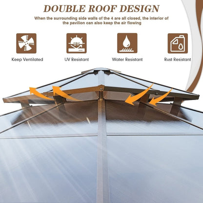 Gazebo à toit rigide pour jardin – Pergola permanente avec moustiquaire, rideaux et toit double, abri extérieur toutes saisons