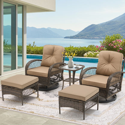 Erommy Ensemble de chaises de patio pivotantes à 360° avec coussins épais et table basse en verre trempé pour jardin, cour arrière