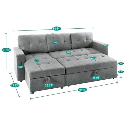 Canapé d'angle convertible et réversible avec lit escamotable, chaise longue avec rangement intégré et pieds robustes.