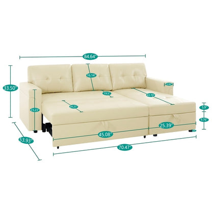 Canapé d'angle convertible et réversible avec lit escamotable, chaise longue avec rangement intégré et pieds robustes.