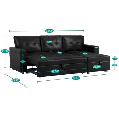 Canapé d'angle convertible et réversible avec lit escamotable, chaise longue avec rangement intégré et pieds robustes.