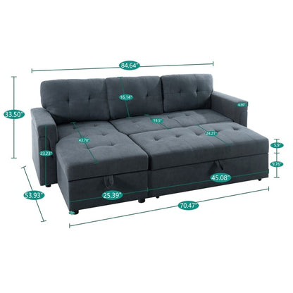 Canapé d'angle convertible et réversible avec lit escamotable, chaise longue avec rangement intégré et pieds robustes.