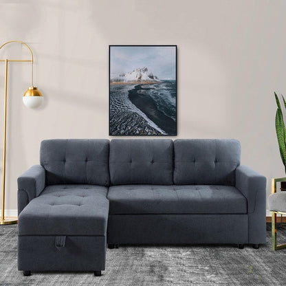 Canapé d'angle convertible et réversible avec lit escamotable, chaise longue avec rangement intégré et pieds robustes.