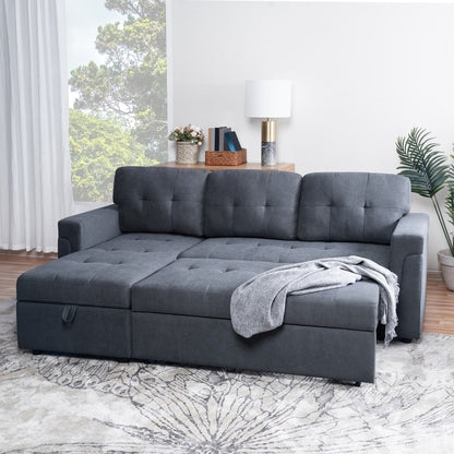Canapé d'angle convertible et réversible avec lit escamotable, chaise longue avec rangement intégré et pieds robustes.