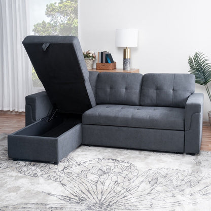 Canapé d'angle convertible et réversible avec lit escamotable, chaise longue avec rangement intégré et pieds robustes.