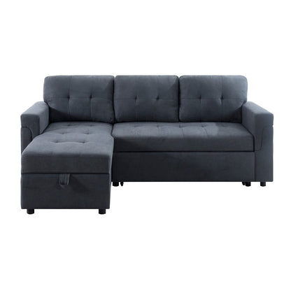 Canapé d'angle convertible et réversible avec lit escamotable, chaise longue avec rangement intégré et pieds robustes.