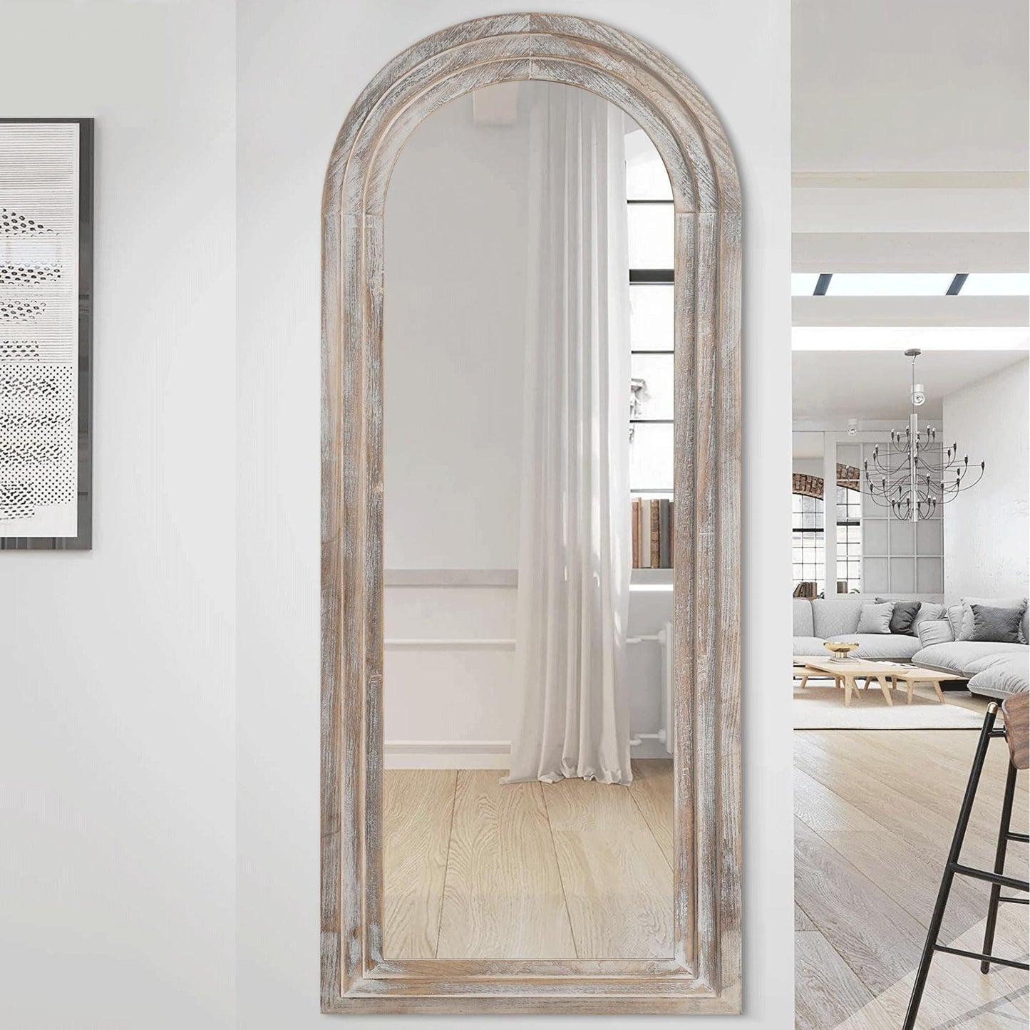 Dovelina Miroir mural en bois vieilli à arche rustique, miroir au sol pleine longueur