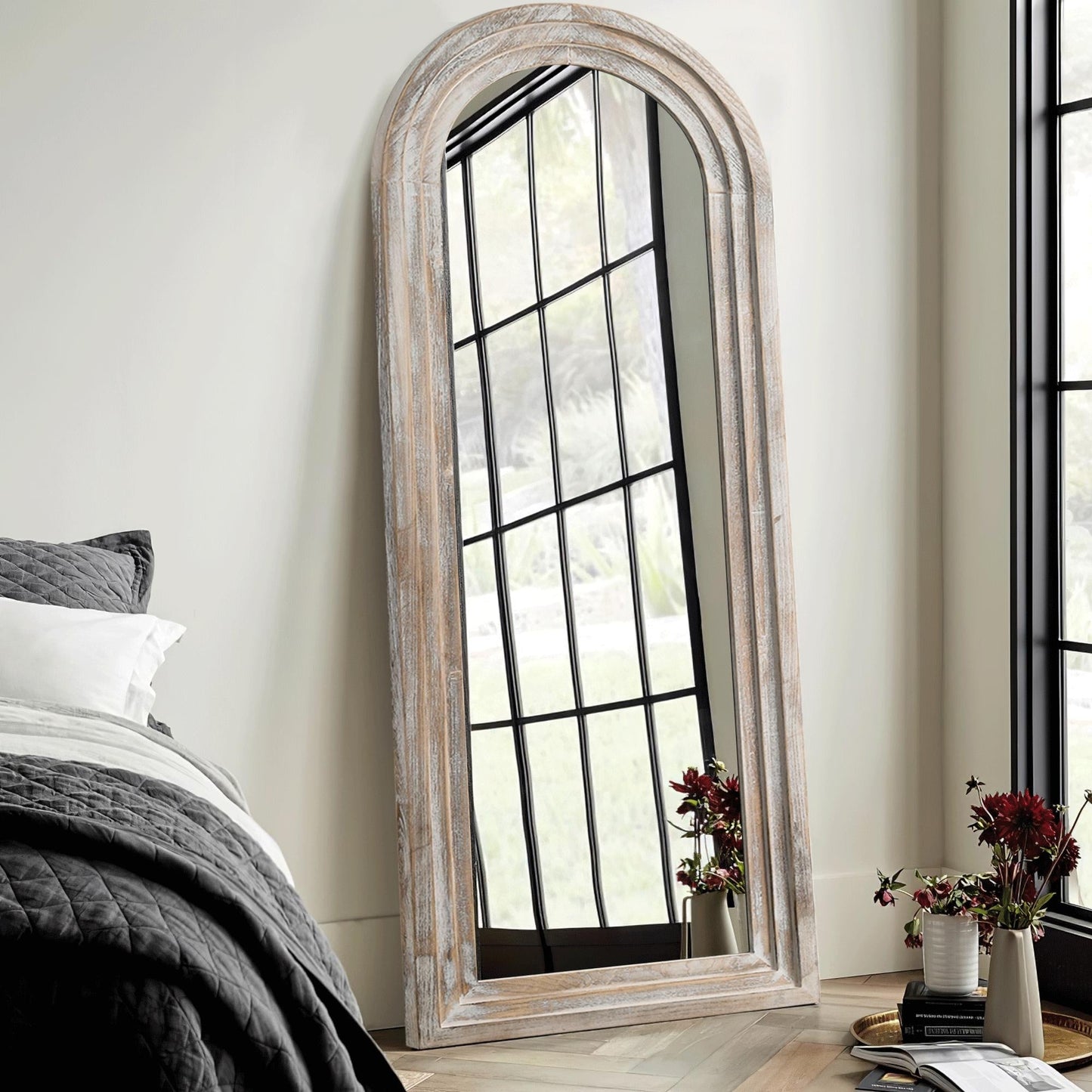 Dovelina Miroir mural en bois vieilli à arche rustique, miroir au sol pleine longueur
