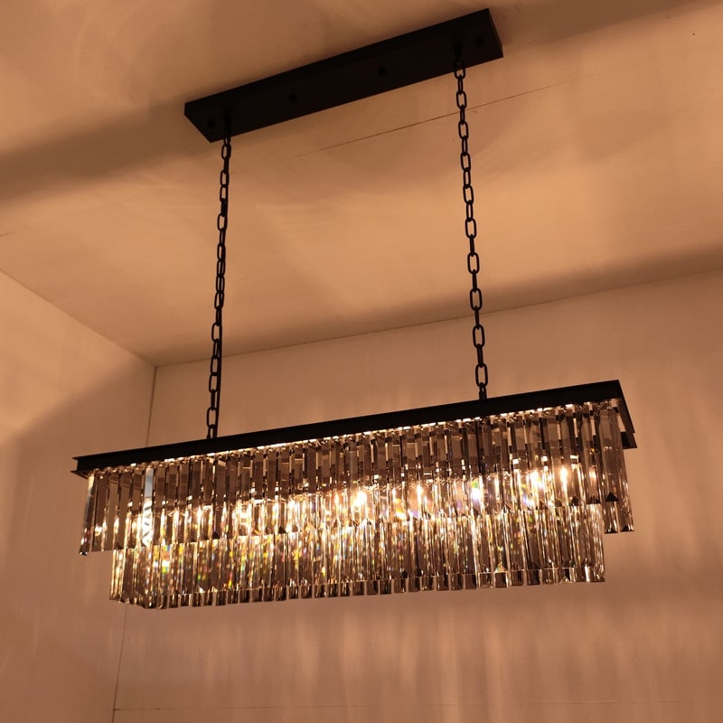 Luminaire suspendu à 2 niveaux pour îlot de cuisine, style moderne et contemporain, avec cristaux, gris fumé et noir, 47 po.