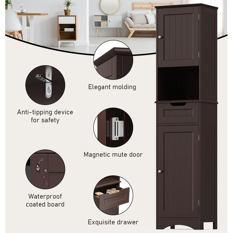 Armoire à linge étroite pour salle de bain, 170 cm de hauteur, armoire de rangement à 5 niveaux en bois massif, modèle autoportant.