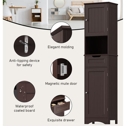 Armoire à linge étroite pour salle de bain, 170 cm de hauteur, armoire de rangement à 5 niveaux en bois massif, modèle autoportant.
